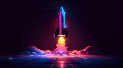 Wall Mural - 3d illustration rocket space colorful holographic in dark background for Business start up and science concept