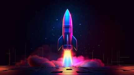 Wall Mural - 3d illustration rocket space colorful holographic in dark background for business start up and scien