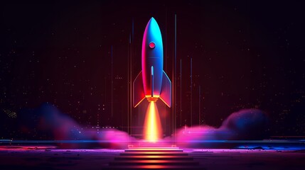Wall Mural - 3d illustration rocket space colorful holographic in dark background for business start up and scien