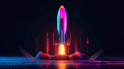 Wall Mural - 3d illustration rocket space colorful holographic in dark background for business start up and scien