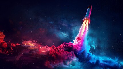 Wall Mural - 3d illustration rocket space colorful holographic in dark background for business start up and scien