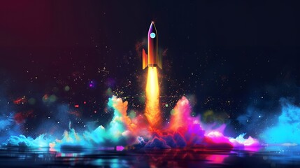 Wall Mural - 3d illustration rocket space colorful holographic in dark background for business start up and scien