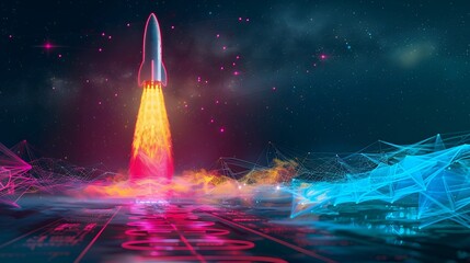 Wall Mural - 3d illustration rocket space colorful holographic in dark background for business start up and scien