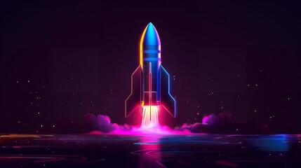 Wall Mural - 3d illustration rocket space colorful holographic in dark background for business start up and scien