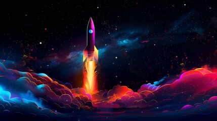Wall Mural - 3d illustration rocket space colorful holographic in dark background for business start up and scien