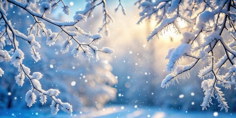 Poster - Snow covered branches in a winter wonderland setting, snow, branches, winter, cold, frost, icy, white, nature, forest