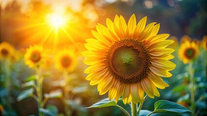 Wall Mural - Close up photo of a blooming sunflower in the morning light , Sunflower, blooming, sunlight, morning, beautiful, close up