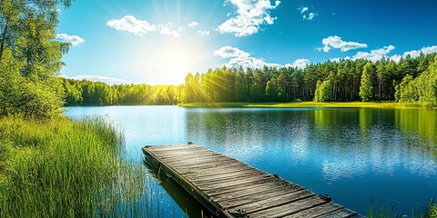 Beautiful summer landscape with lake and old wooden dock in forest on sunny day, bright blue sky with sun rays. Scandinavian nature background. Summer vacation concept 