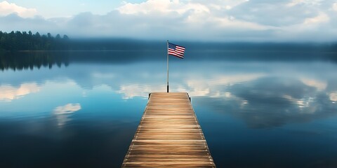 Canvas Print - serene lake with an American flag flying at the end of a wooden dock 