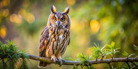 majestic long-eared owl perched on a tree branch , owl, long-eared, bird, wildlife, feathers, eyes, 