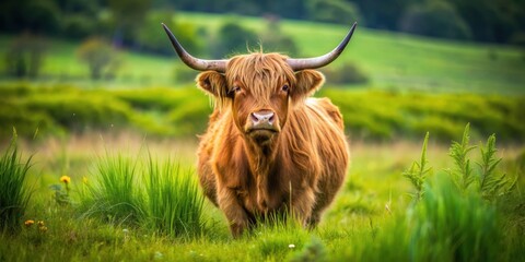 Wall Mural - Highland cow standing on lush green meadow, Highland cow, cattle, herd, pasture, agriculture, farming, animal, mammal