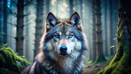 Sticker - Majestic blue-eyed wolf in a forest, wolf, blue eyes, wildlife, predator, nature, forest, majestic, beautiful, wild, animal