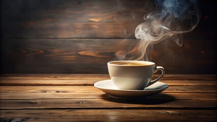 Wall Mural - Steaming cup of coffee on a wooden table, coffee, beverage, morning, caffeine, drink, mug, aroma, breakfast, hot, latte