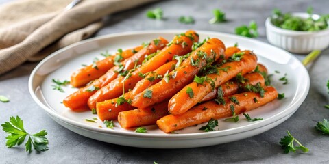 Poster - Glazed carrots with herbs on a white plate , vegetables, side dish, healthy, food photography, gourmet, culinary, cooking