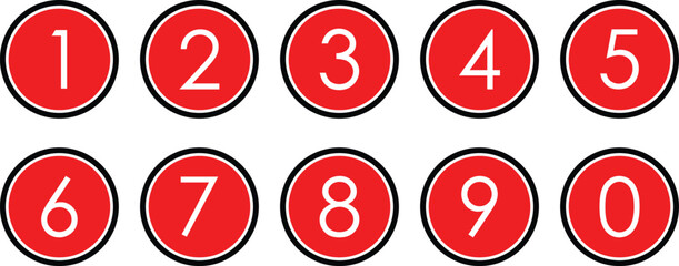 Poster - white numbers icon with black red circle. from 0 to 9. number button vector illustration.