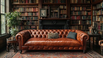 Wall Mural - Leather Sofa in a Cozy Library