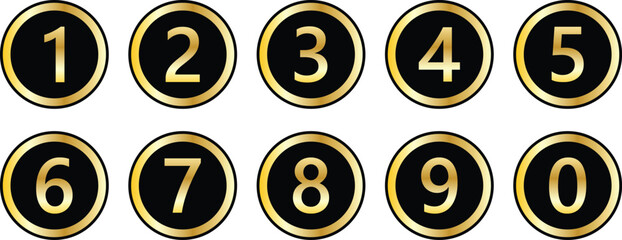 Poster - golden numbers icon with black gold circle. from 0 to 9. number button vector illustration.