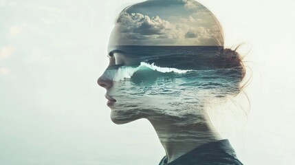 a serene double exposure image blending a woman's profile with ocean waves, evoking a sense of calm 