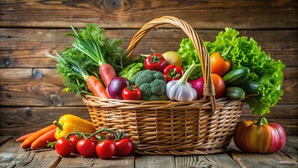 Wall Mural - Fresh vegetables in a rustic basket , organic, healthy, harvest, farm, produce, natural, market, organic farming