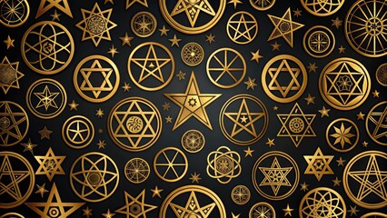 Wiccan symbols and sigils background in golden on black , witchcraft, pagan, spiritual, supernatural, magical, occult