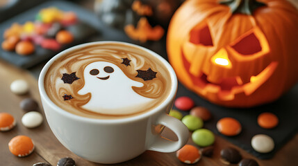 Wall Mural - A cup of latte art featuring a ghost design, placed next to Halloween candies and a carved pumpkin 