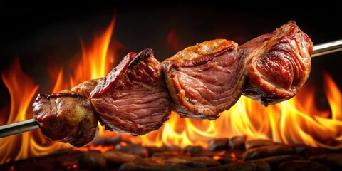 Poster - Traditional Brazilian barbecue picanha on a skewer, Picanha, Brazilian, barbecue, skewer, grilling, meat, traditional, cooking