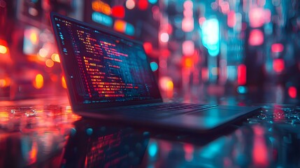 Laptop with Code in Neon Lights.