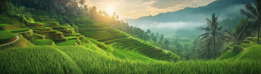 Poster - Stunning rice terraces bathed in golden sunlight, showcasing lush greenery and serene landscape during early morning.