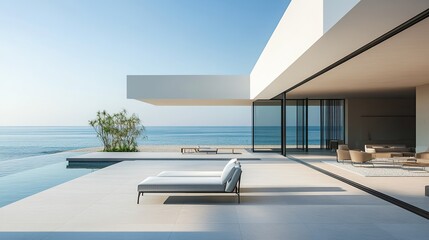 Sticker - Close-up of a minimalist beachfront patio, with comfortable seating and clean lines, set against a serene background.