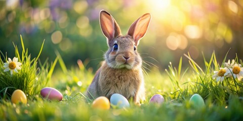 Sticker - Beautiful furry Easter rabbit bunny on sunny meadow with bokeh lights in spring garden, traditional Easter scene, Easter, rabbit