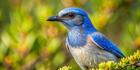 Sticker - Close up shot of a Florida scrub jay perched low in the scrub , wildlife, bird, Florida scrub jay, red, blue