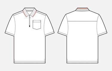  Polo shirt technical drawing fashion flat sketch vector illustration template front and back views. Men's and boys polo t shirt clothing mock up cad.