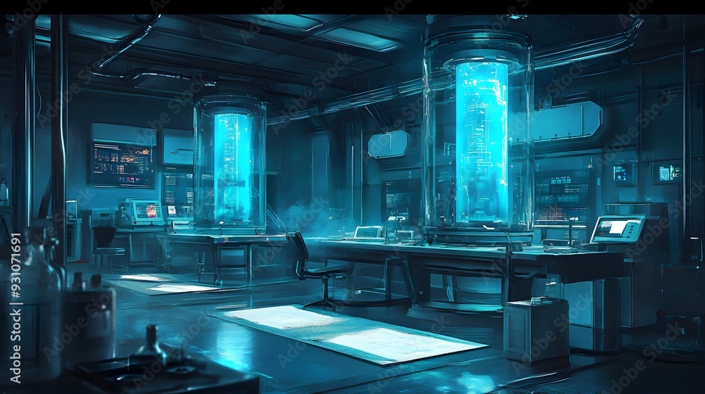 79. A futuristic lab scene with containment systems for handling and ...