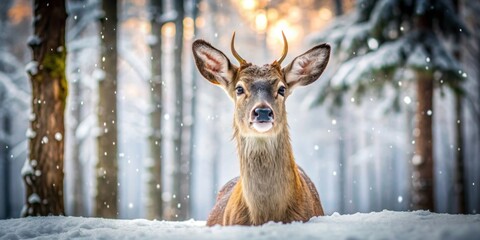 Canvas Print - Adorable deer in a snowy forest setting, winter, cute, animal, deer, whimsical, woodland, Christmas, character