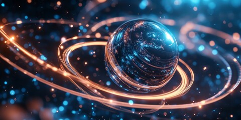 Wall Mural - close-up of a metallic sphere hovering in space, surrounded by holographic rings and neon constellat