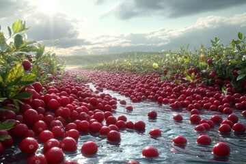 Cranberry bog full of floating ripe cranberries 3D 336 red, fruit, food, berry, ripe, fresh, strawberry, healthy, sweet, market, green, nature, berries, isolated, strawberries, cherry, autumn, cranber