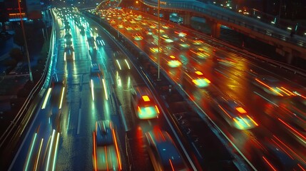 Wall Mural - car lights on the road in a modern city at night