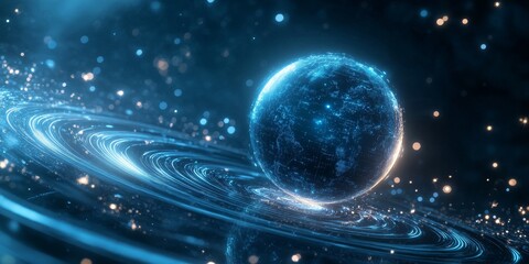 Wall Mural - close-up of a metallic sphere hovering in space, surrounded by holographic rings and neon constellat