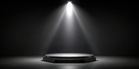 Poster - Empty black podium in a black room with single spotlight for product display , minimalist, modern, elegance, presentation