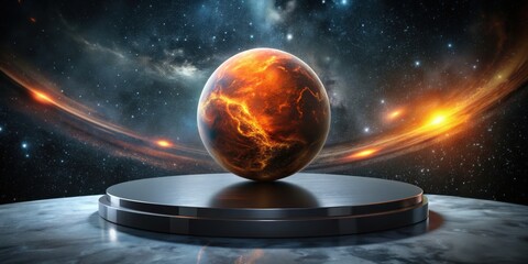 Poster - Empty black marble podium on space with orange galaxy planet and stars for product presentation, black, marble, podium, space