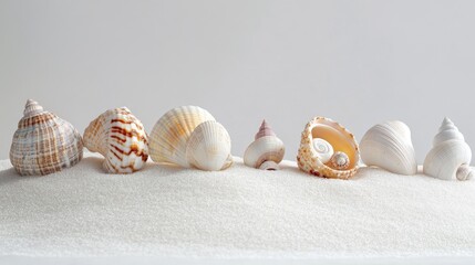 Canvas Print - Simple and elegant display of a seashell collection on white sand, with a clean, minimalistic background for a natural, serene look.