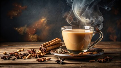 Poster - A steaming cup of chai tea with cinnamon and cardamom spices , chai, tea, beverage, drink, hot, warm, spices, cinnamon