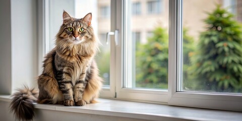 Poster - A fluffy domestic cat sitting peacefully on a windowsill, feline, pets, domestic, cute, whiskers, fur, paw, animal, adorable