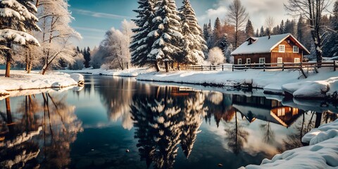 Wall Mural - landscape with lake and mountains