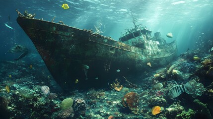 Wall Mural - 66. An underwater scene with toxic waste leaking from an old shipwreck affecting marine life