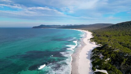 Wall Mural - Aerial views over white sandy beach in Tasmania, Australia