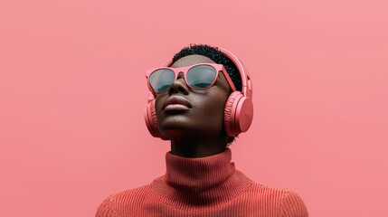 Woman with Pink Headphones and Sunglasses on Pink Background