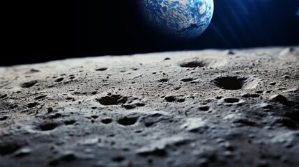 Cratered moon surface with distant view of earth set against the black backdrop of space