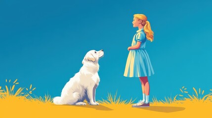 A charming scene of a young girl in a blue dress standing with her loyal white dog against a bright sky.