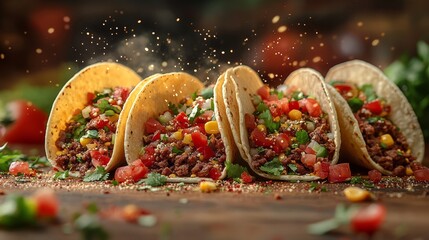 Savory beef tacos flying in the air isolated on ba  034 food, christmas, salad, fruit, healthy, fresh, vegetable, meal, dessert, decoration, dinner, table, plate, sweet, diet, delicious, holiday, appe